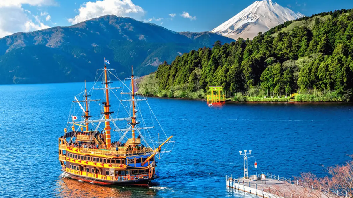 Hakone pirate ship crossing Lake Ashi below Mount Fuji on a Lake Ashi cruise day trip from Tokyo, Hakone, Japan